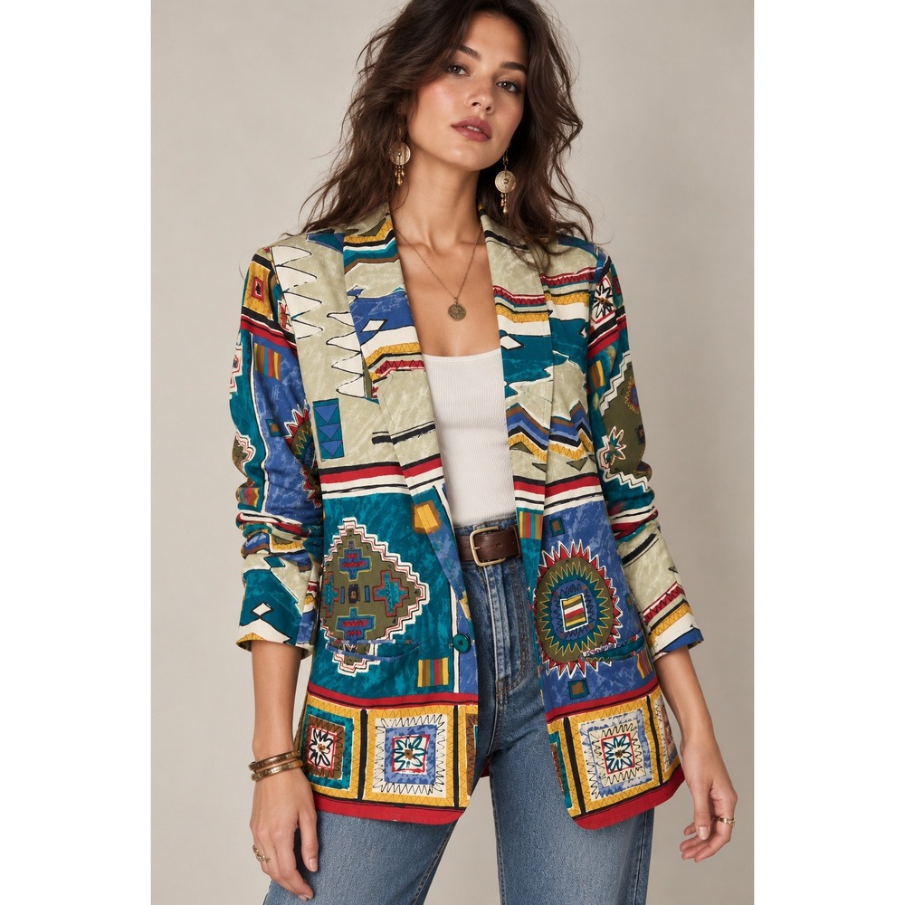 90s Geometric Blazer Size M Boho Wearable Art Southwestern Longline USA